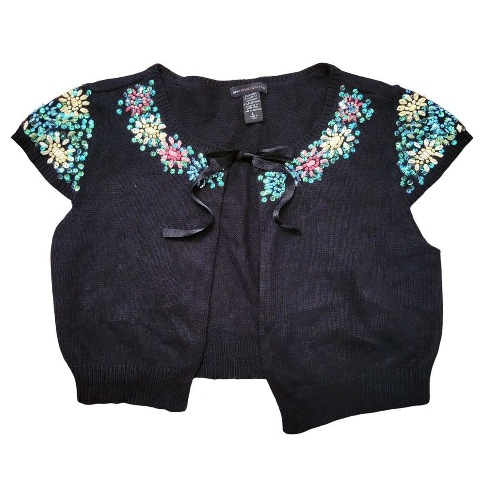 NYC L Bolero Shrug Black Sequin Floral Embroidered Crop Cardigan Y2K Whimsigoth